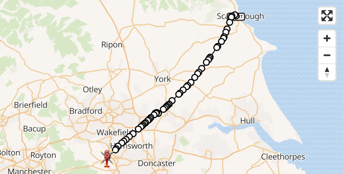 Flight route Air Ambulance Helicopter Newby - Barnsley, 09 October 2026, 14:00