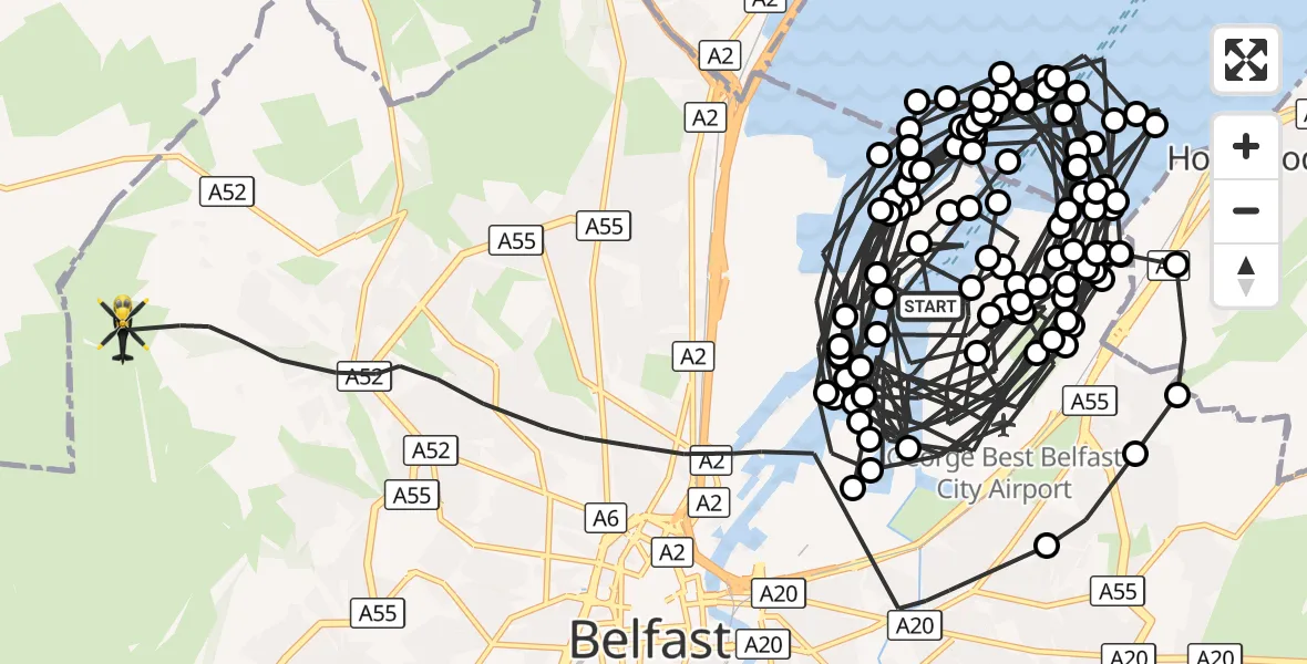 Flight route Police Helicopter George Best Belfast City Airport - Belfast City District, 09 October 2026, 14:18