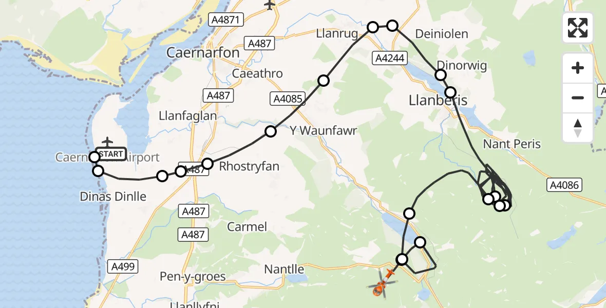 Flight route Coastguard Helicopter Caernarfon Airport - Rhyd-ddu, 09 October 2026, 14:19
