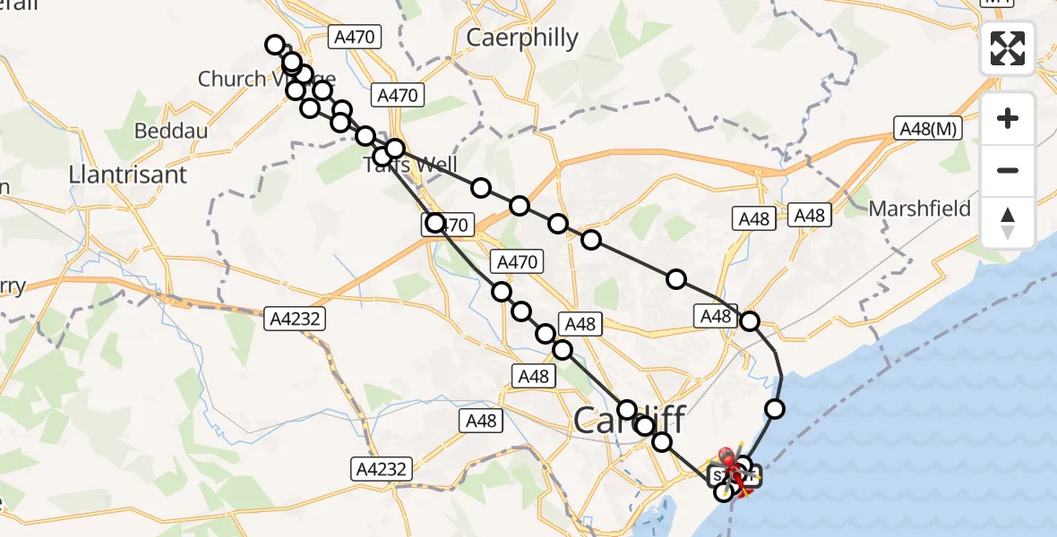 Flight route Air Ambulance Helicopter Cardiff Heliport - Cardiff Heliport, 09 October 2026, 14:22