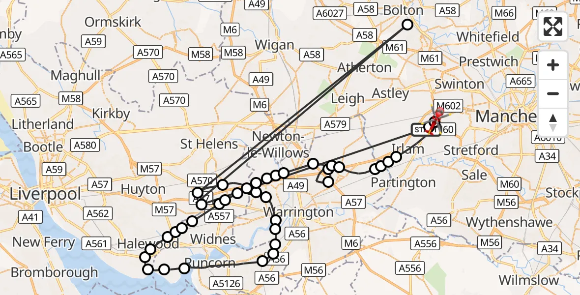 Flight route Air Ambulance Helicopter Manchester Barton Aerodrome - Irlam, 09 October 2026, 14:23