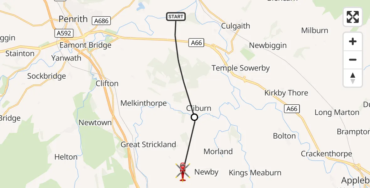 Flight route Air Ambulance Helicopter Brougham - Newby, 09 October 2026, 14:28