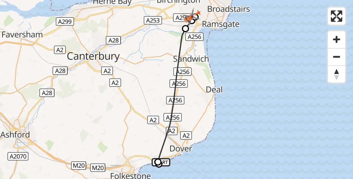 Flight route Coastguard Helicopter Dover - Manston Airport, 09 October 2026, 14:29