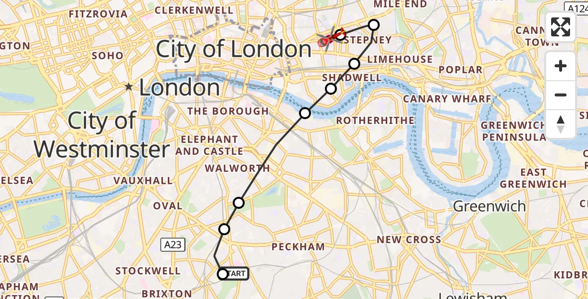 Flight route Air Ambulance Helicopter Kings College London Hospital - Royal London Hospital, 09 October 2026, 14:33