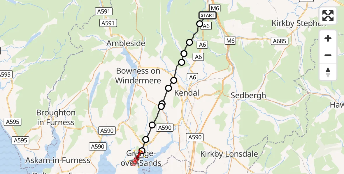 Flight route Air Ambulance Helicopter Shap - Grange-Over-Sands, 09 October 2026, 14:33