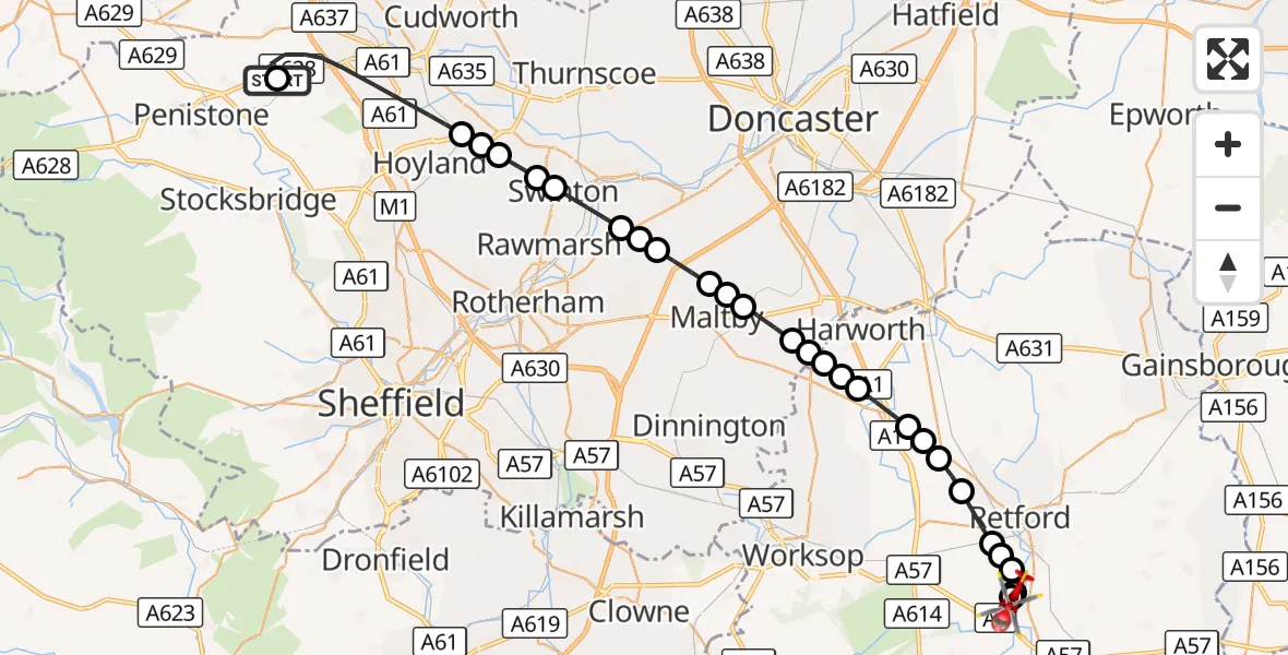 Flight route Air Ambulance Helicopter Barnsley - Retford Gamston Airport, 09 October 2026, 14:51
