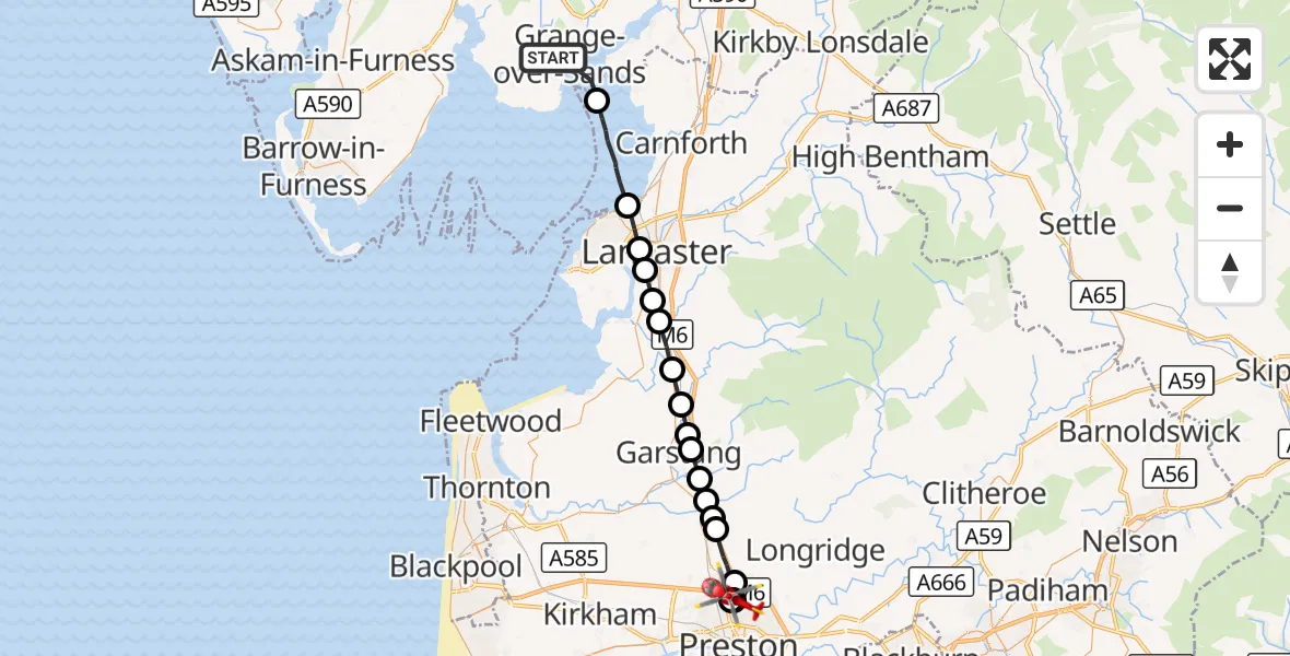 Flight route Air Ambulance Helicopter Grange-Over-Sands - Preston, 09 October 2026, 15:07