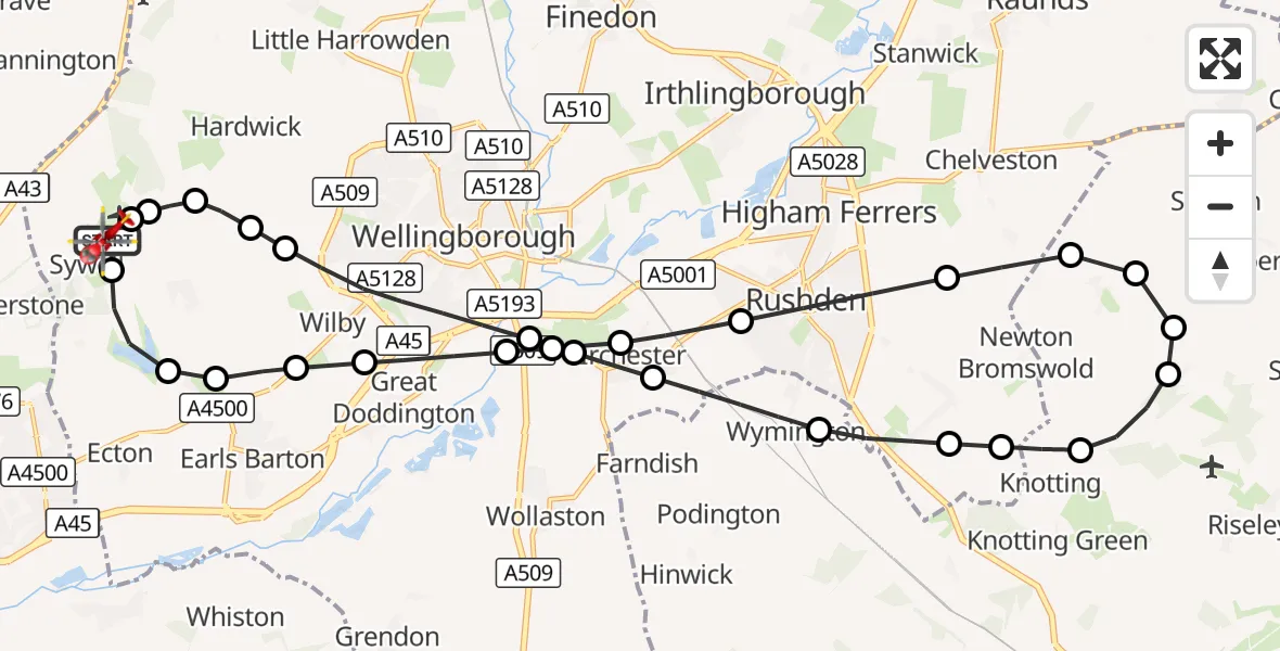 Flight route Air Ambulance Helicopter Sywell Aerodrome - Sywell Aerodrome, 09 October 2026, 15:19
