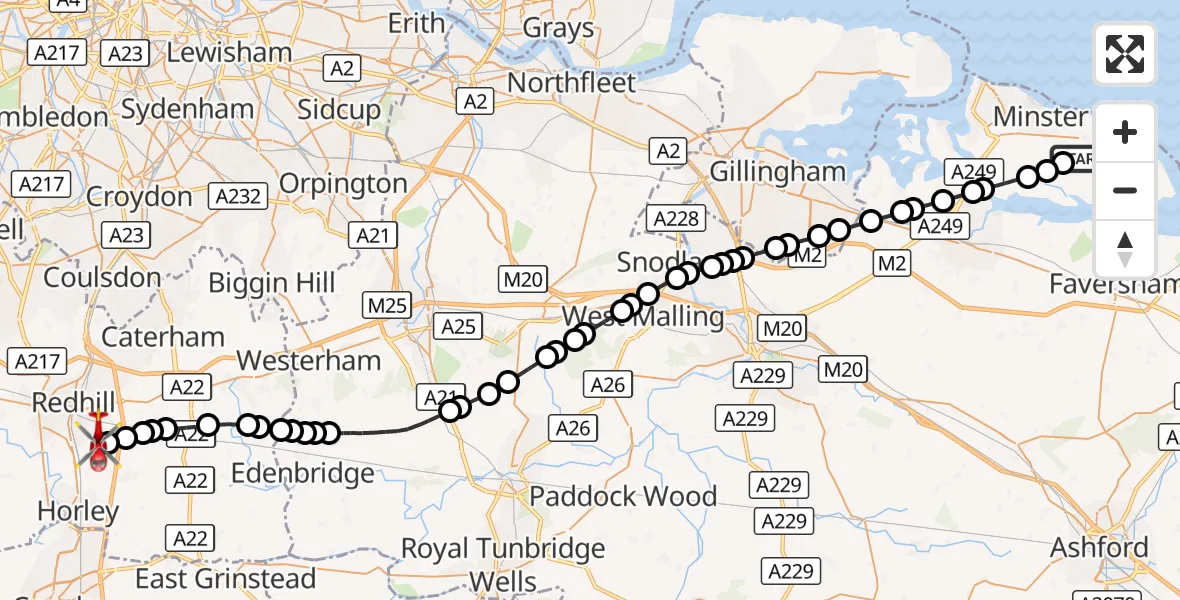 Flight route Air Ambulance Helicopter Eastchurch - Redhill Aerodrome, 09 October 2026, 15:24