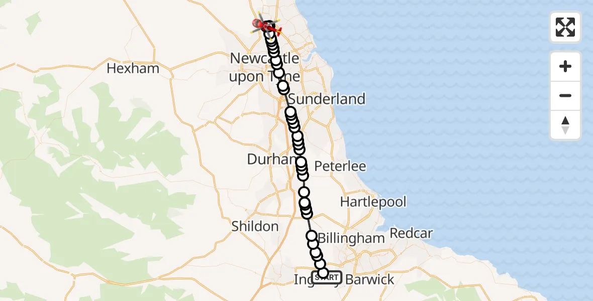 Flight route Air Ambulance Helicopter Egglescliffe - Seaton Burn, 09 October 2026, 15:34