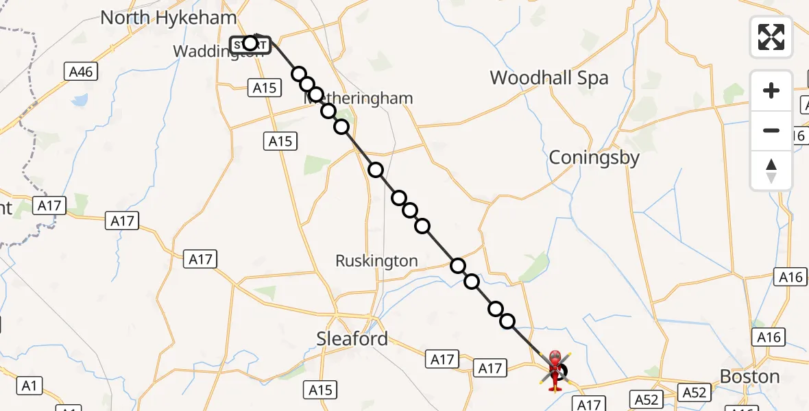 Flight route Air Ambulance Helicopter RAF Waddington - North Kesteven, 09 October 2026, 15:35