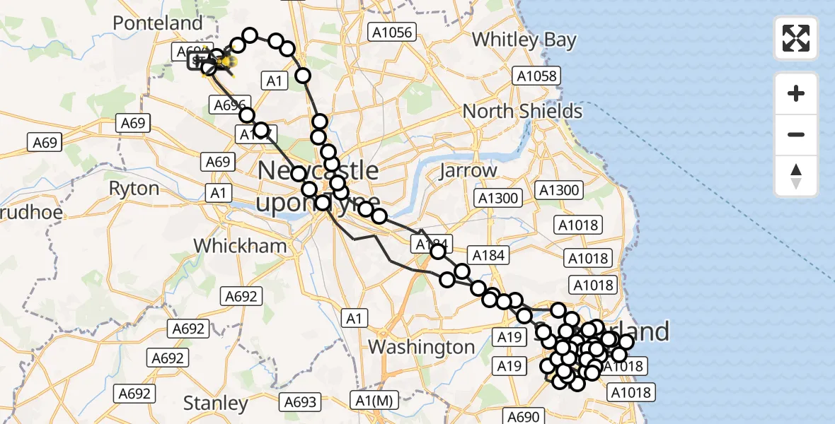 Flight route Police Helicopter Newcastle International Airport - Woolsington, 09 October 2026, 15:37