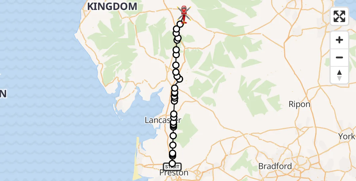 Flight route Air Ambulance Helicopter Preston - Bolton, 09 October 2026, 15:38