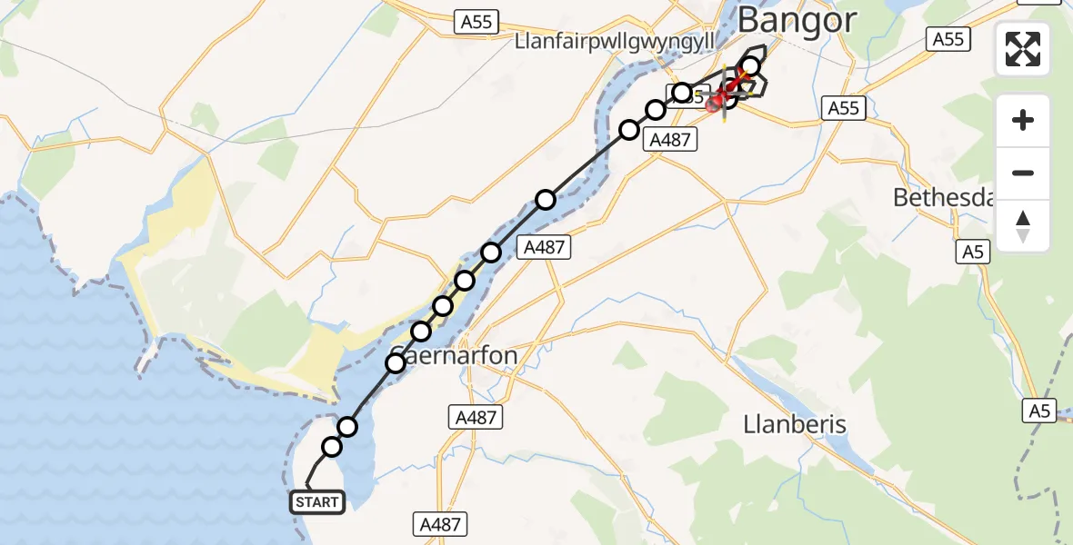 Flight route Air Ambulance Helicopter Caernarfon Airport - Penrhos Garnedd, 09 October 2026, 16:21