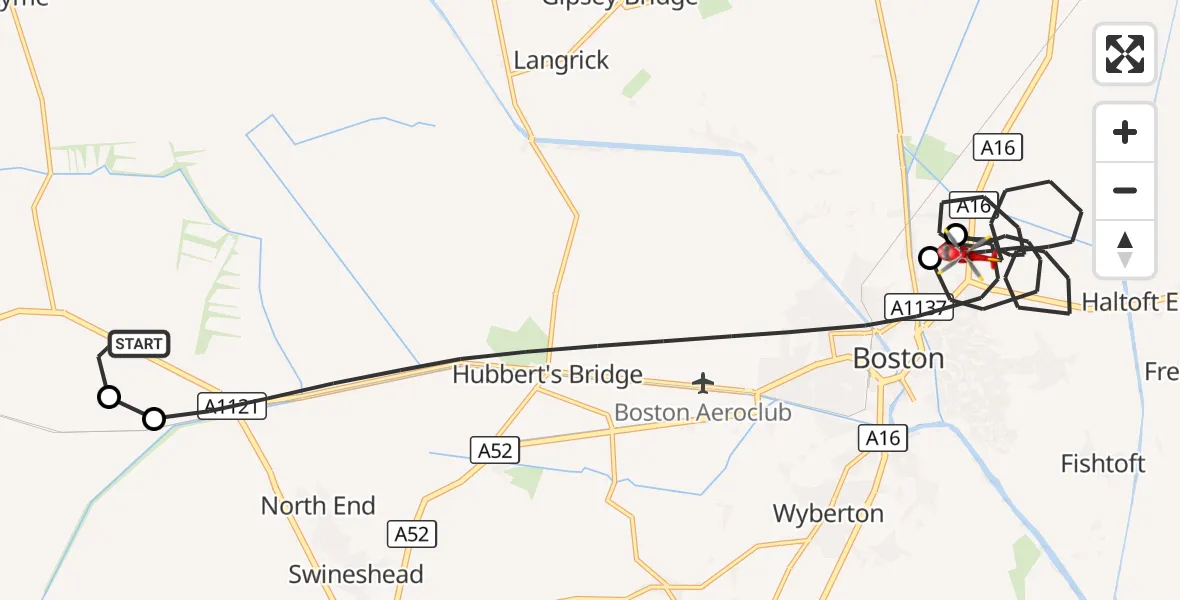 Flight route Air Ambulance Helicopter North Kesteven - Boston, 09 October 2026, 16:31