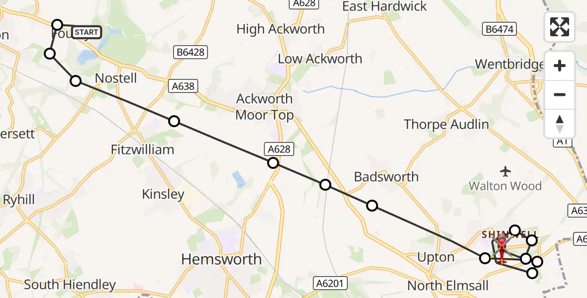 Flight route Air Ambulance Helicopter YAA Nostell Helicopter Port - North Elmsall, 09 October 2026, 16:41