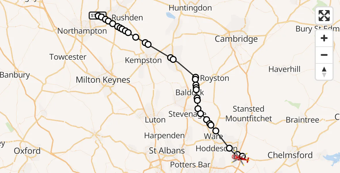 Flight route Air Ambulance Helicopter Sywell Aerodrome - North Weald Airfield, 09 October 2026, 16:42