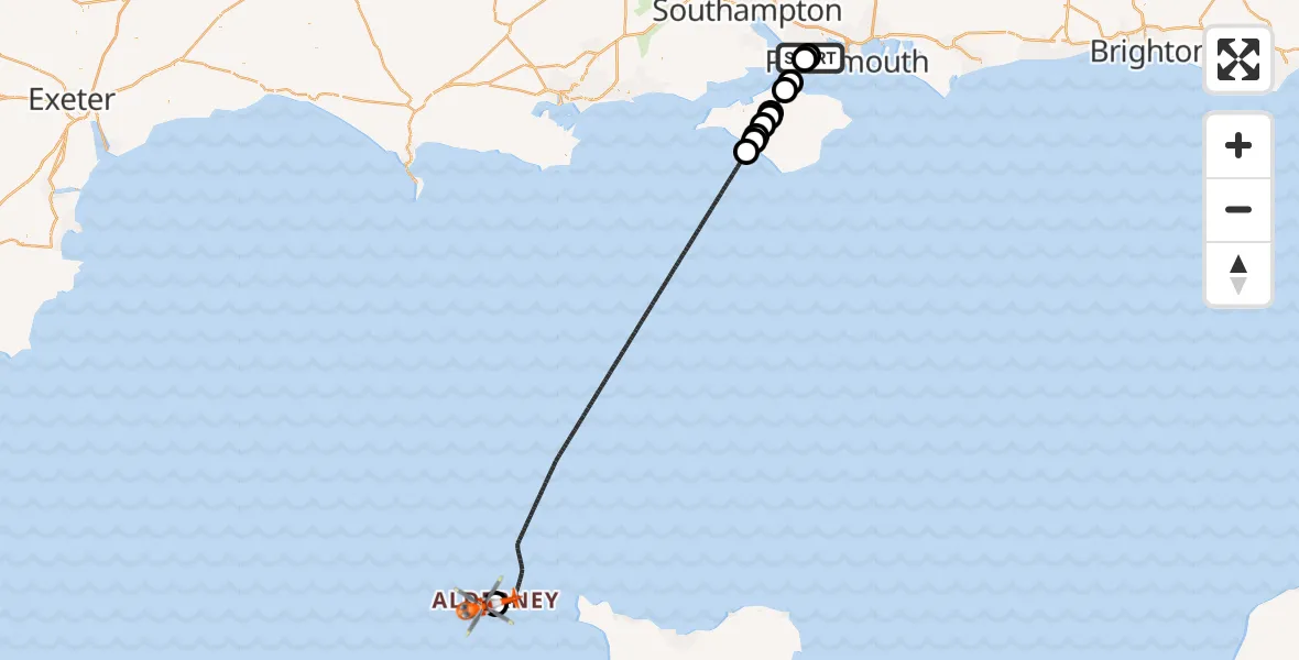 Flight route Coastguard Helicopter Solent Airport - Alderney Airport, 09 October 2026, 16:53