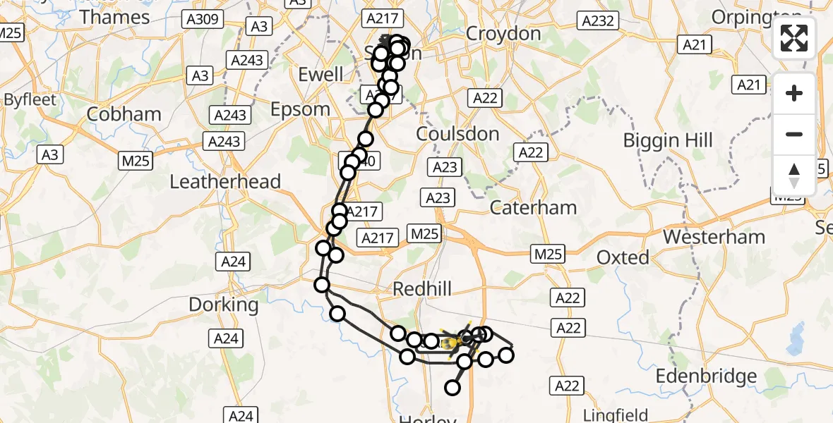Flight route Police Helicopter Salfords - Redhill Aerodrome, 09 October 2026, 17:00