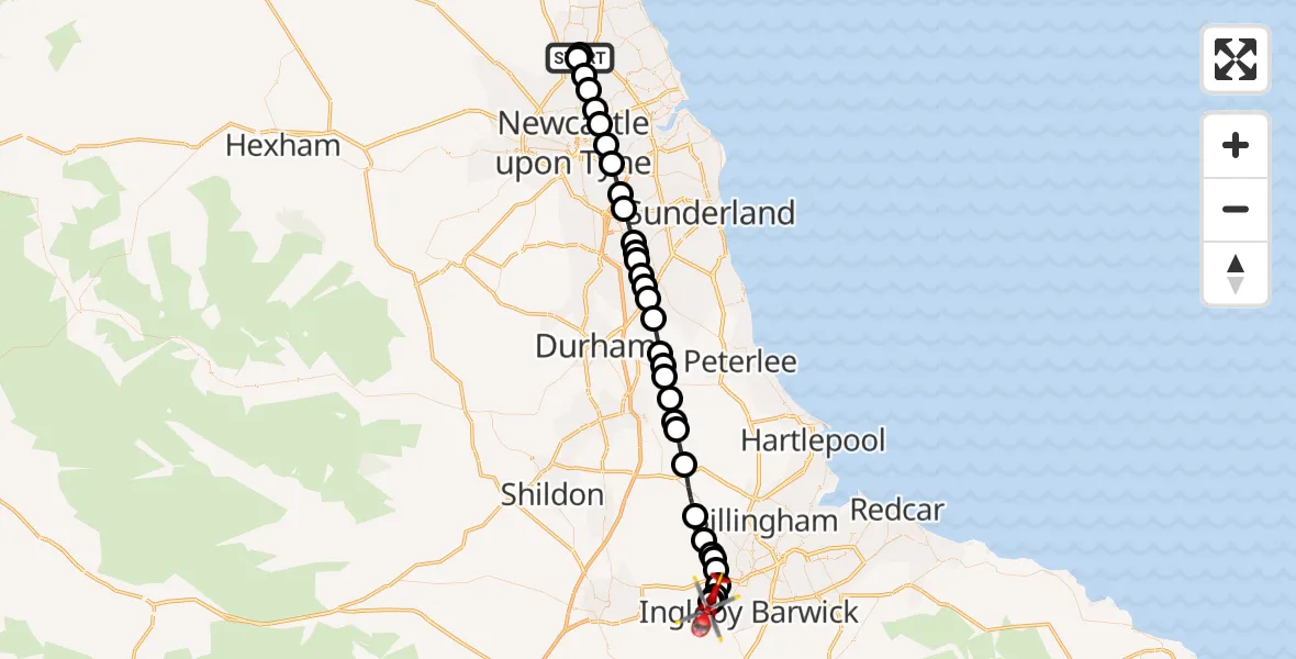 Flight route Air Ambulance Helicopter Dudley - Egglescliffe, 09 October 2026, 17:03
