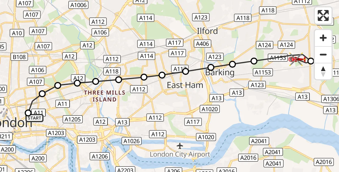 Flight route Air Ambulance Helicopter Royal London Hospital - Dagenham, 09 October 2026, 17:13