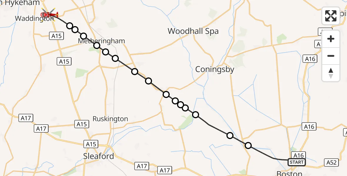 Flight route Air Ambulance Helicopter Boston - North Kesteven, 09 October 2026, 17:16