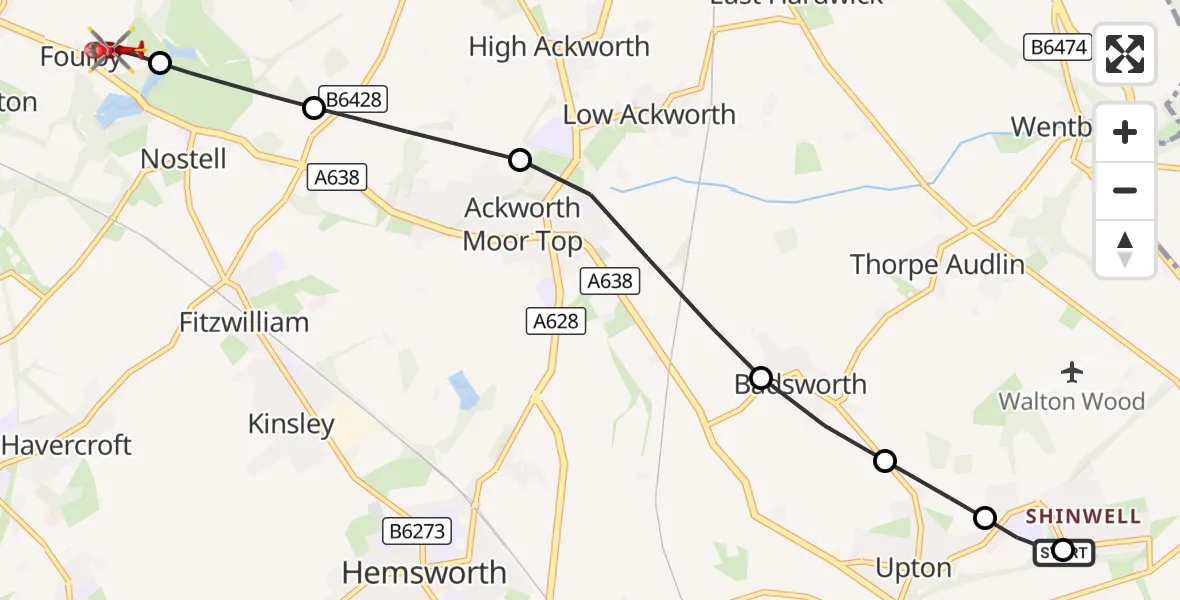 Flight route Air Ambulance Helicopter North Elmsall - YAA Nostell Helicopter Port, 09 October 2026, 17:19