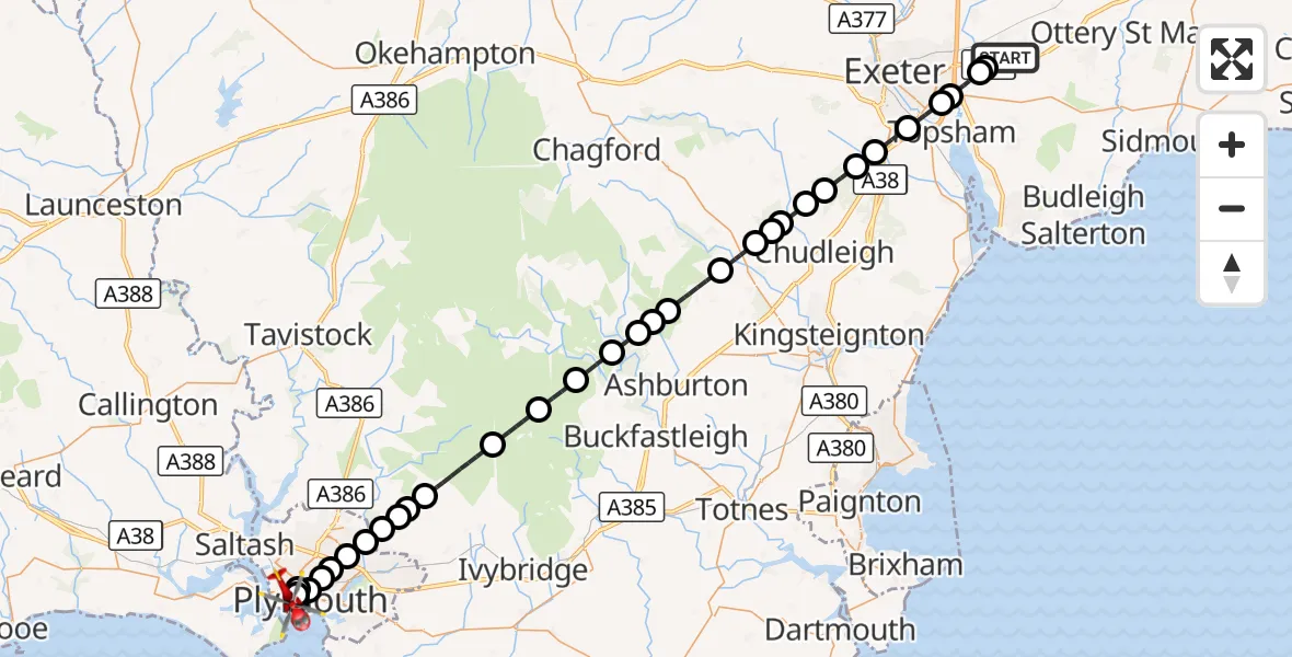 Flight route Air Ambulance Helicopter Exeter International Airport - Stonehouse, 09 October 2026, 17:29