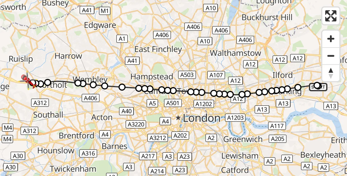 Flight route Air Ambulance Helicopter Dagenham - RAF Northolt, 09 October 2026, 17:43