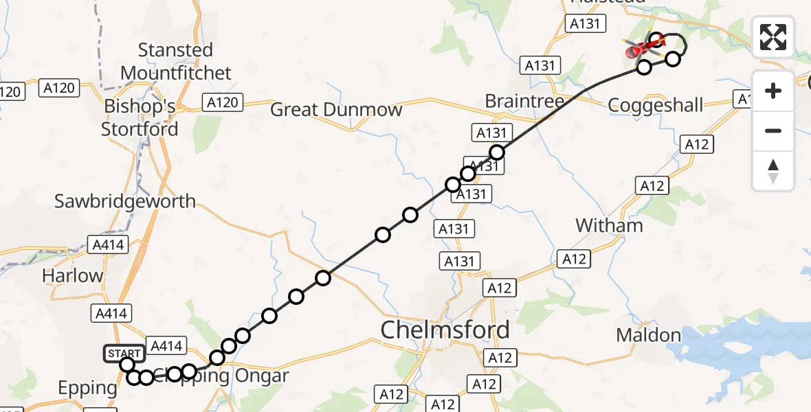 Flight route Air Ambulance Helicopter North Weald Airfield - Earls Colne Airfield, 09 October 2026, 17:52