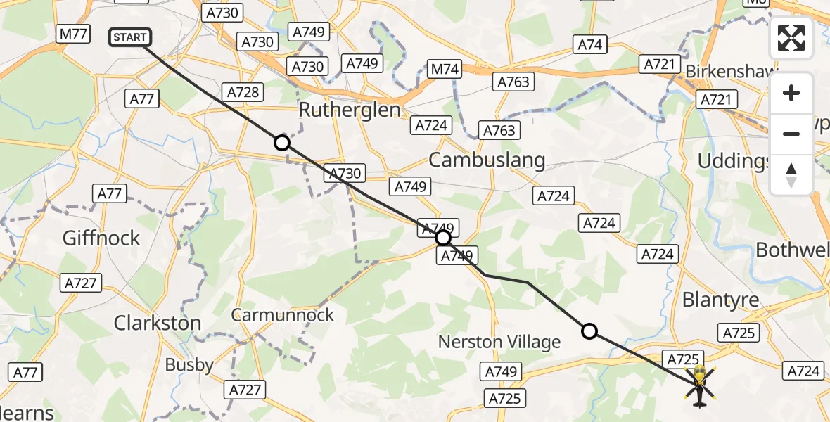 Flight route Police Helicopter Glasgow - Blantyre, 09 October 2026, 18:00