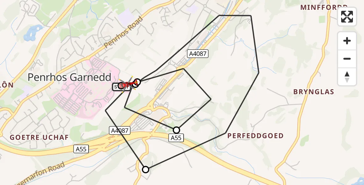 Flight route Air Ambulance Helicopter Ysbyty Gwynedd Hospital Heliport - Penrhos Garnedd, 09 October 2026, 18:04