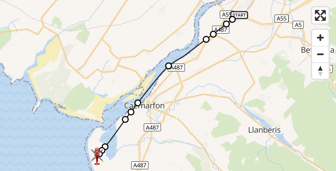 Flight route Air Ambulance Helicopter Ysbyty Gwynedd Hospital Heliport - Caernarfon Airport, 09 October 2026, 18:12