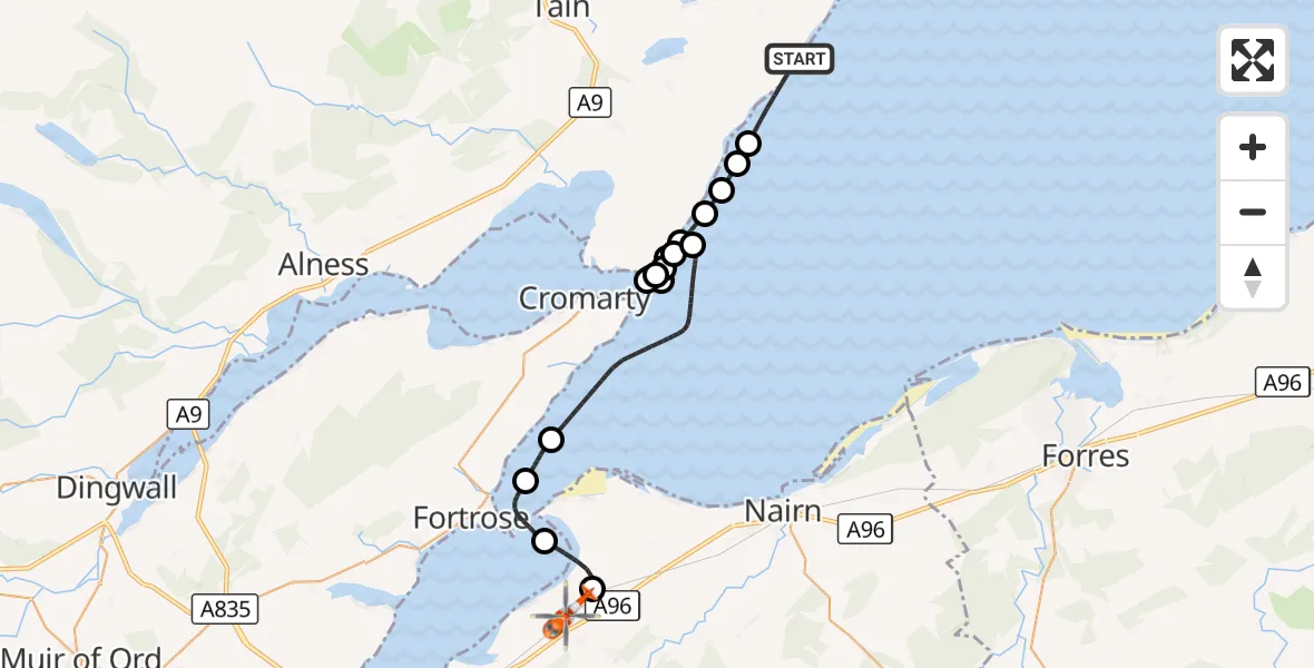 Flight route Coastguard Helicopter Hilton of Cadboll - Inverness Airport, 09 October 2026, 18:17