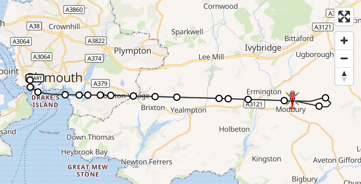 Flight route Air Ambulance Helicopter Stonehouse - Modbury, 09 October 2026, 18:21