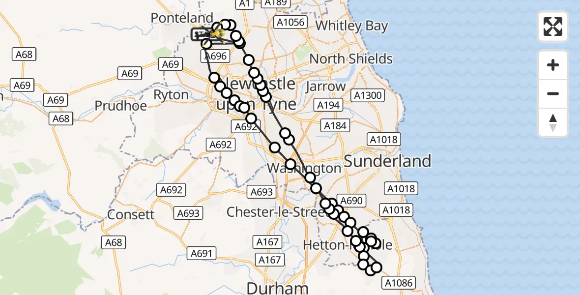Flight route Police Helicopter Newcastle International Airport - Woolsington, 09 October 2026, 18:26