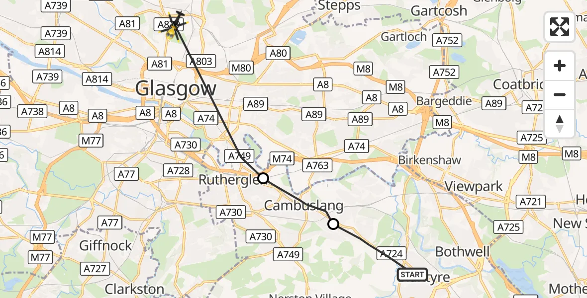 Flight route Police Helicopter Blantyre - Glasgow, 09 October 2026, 18:38