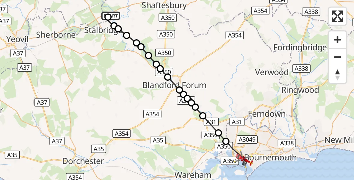 Flight route Air Ambulance Helicopter Henstridge Airfield - Poole, 09 October 2026, 18:38