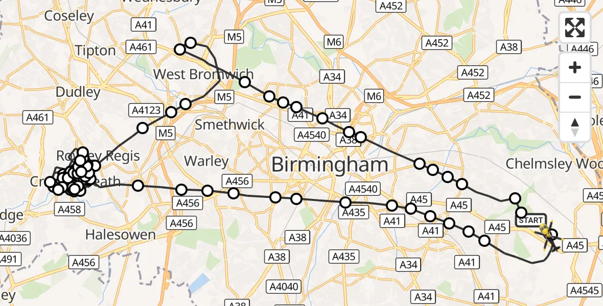 Flight route Police Helicopter Birmingham Airport - Solihull, 09 October 2026, 18:40