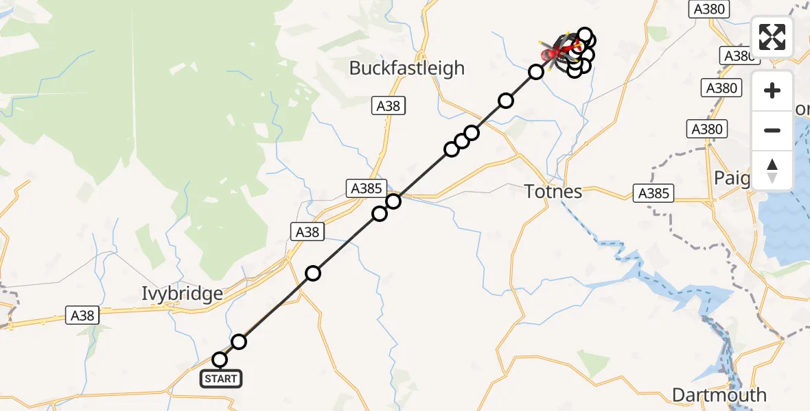 Flight route Air Ambulance Helicopter Modbury - Broadhempston, 09 October 2026, 18:50