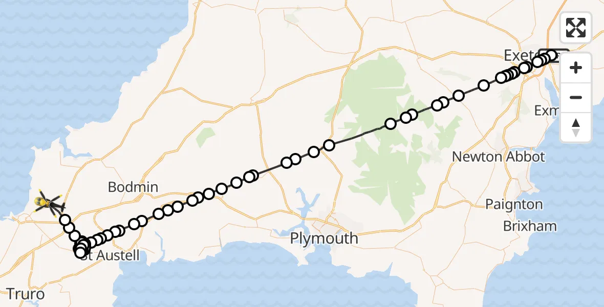 Flight route Police Helicopter East Devon - Cornwall Airport Newquay, 09 October 2026, 19:04