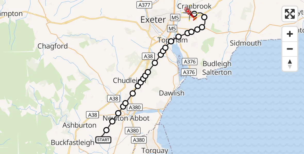 Flight route Air Ambulance Helicopter Broadhempston - Exeter International Airport, 09 October 2026, 19:14