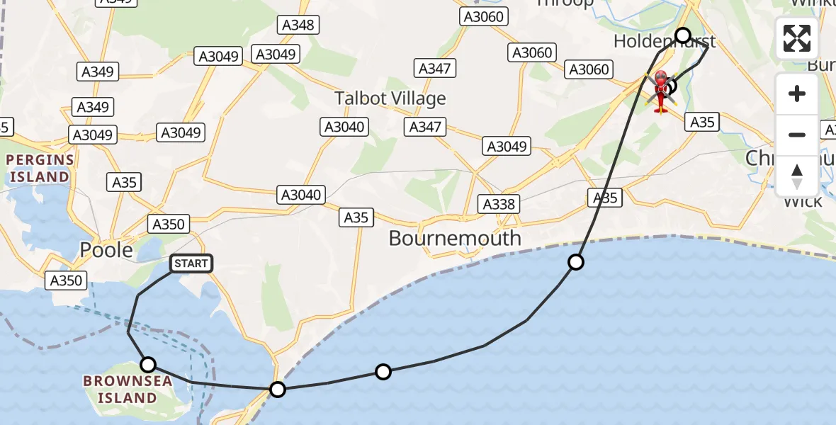 Flight route Air Ambulance Helicopter Poole - Royal Bournemouth Hospital, 09 October 2026, 19:23