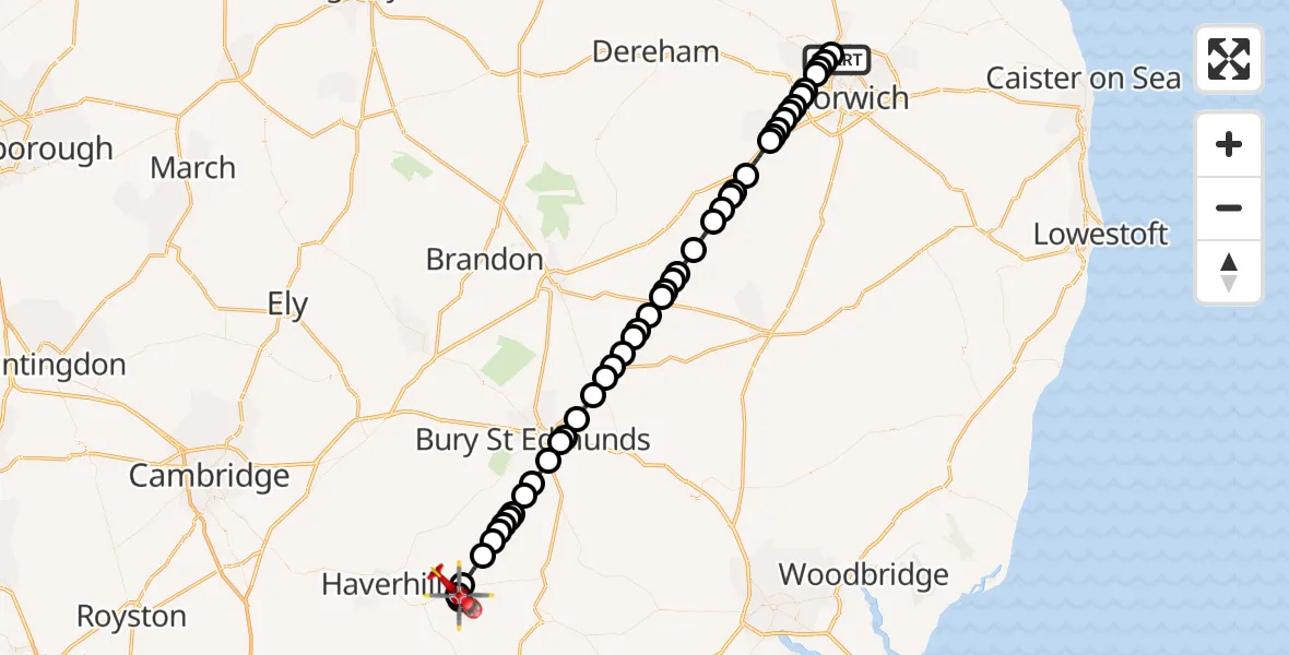 Flight route Air Ambulance Helicopter Norwich Airport - Clare, 09 October 2026, 19:38