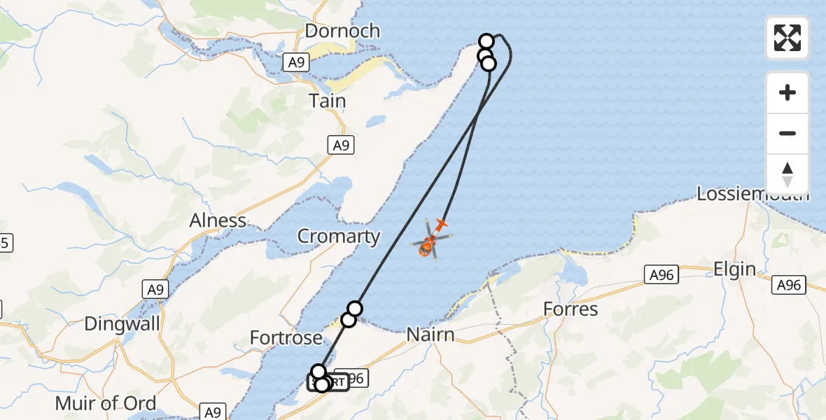 Flight route Coastguard Helicopter Inverness Airport - North Sea, 09 October 2026, 19:40