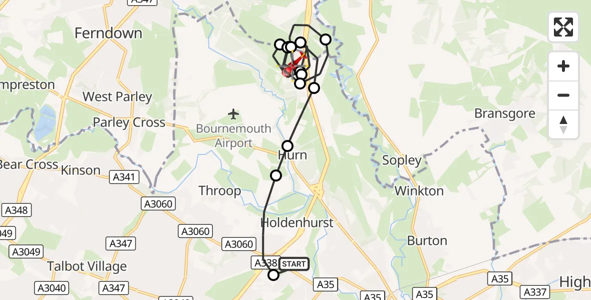 Flight route Air Ambulance Helicopter Royal Bournemouth Hospital - Hurn, 09 October 2026, 20:08