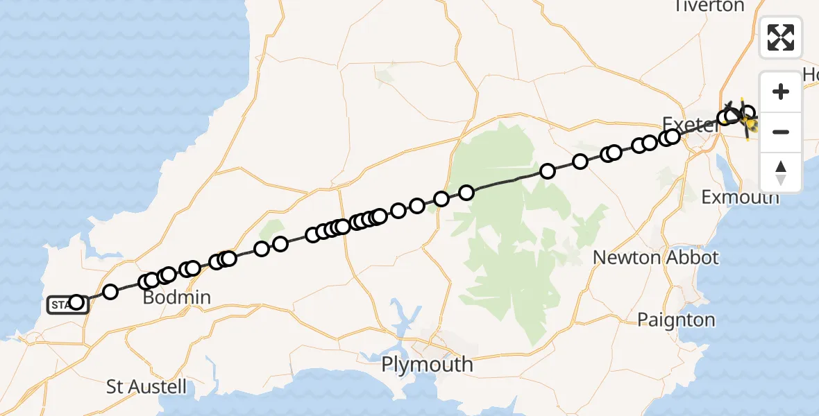 Flight route Police Helicopter St. Mawgan - Exeter International Airport, 09 October 2026, 20:36