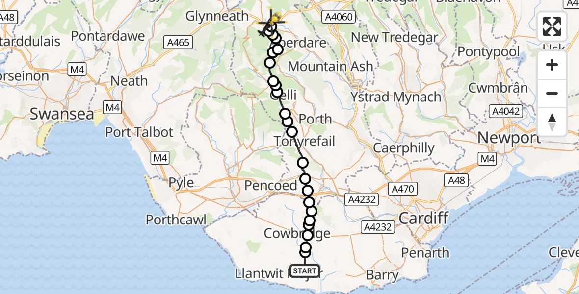 Flight route Police Helicopter MOD St Athan - Penywaun, 09 October 2026, 21:02