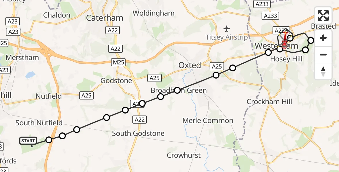 Flight route Air Ambulance Helicopter Redhill Aerodrome - Westerham, 09 October 2026, 21:12