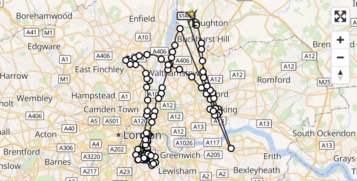 Flight route Police Helicopter Sewardstonebury - Sewardstonebury, 09 October 2026, 21:18